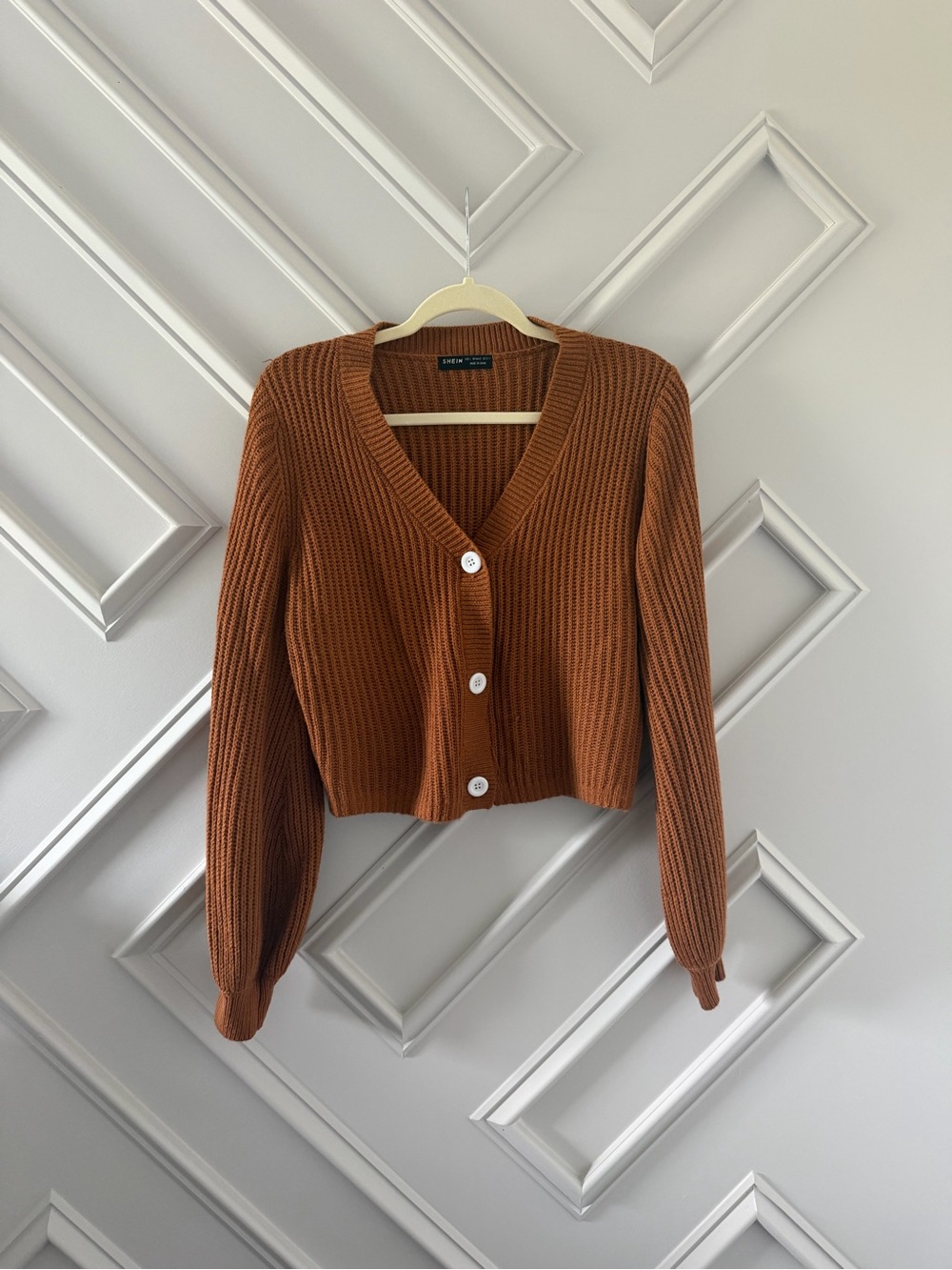 SHEIN Cropped Ribbed Button-Front Cardigan - Rust Brown